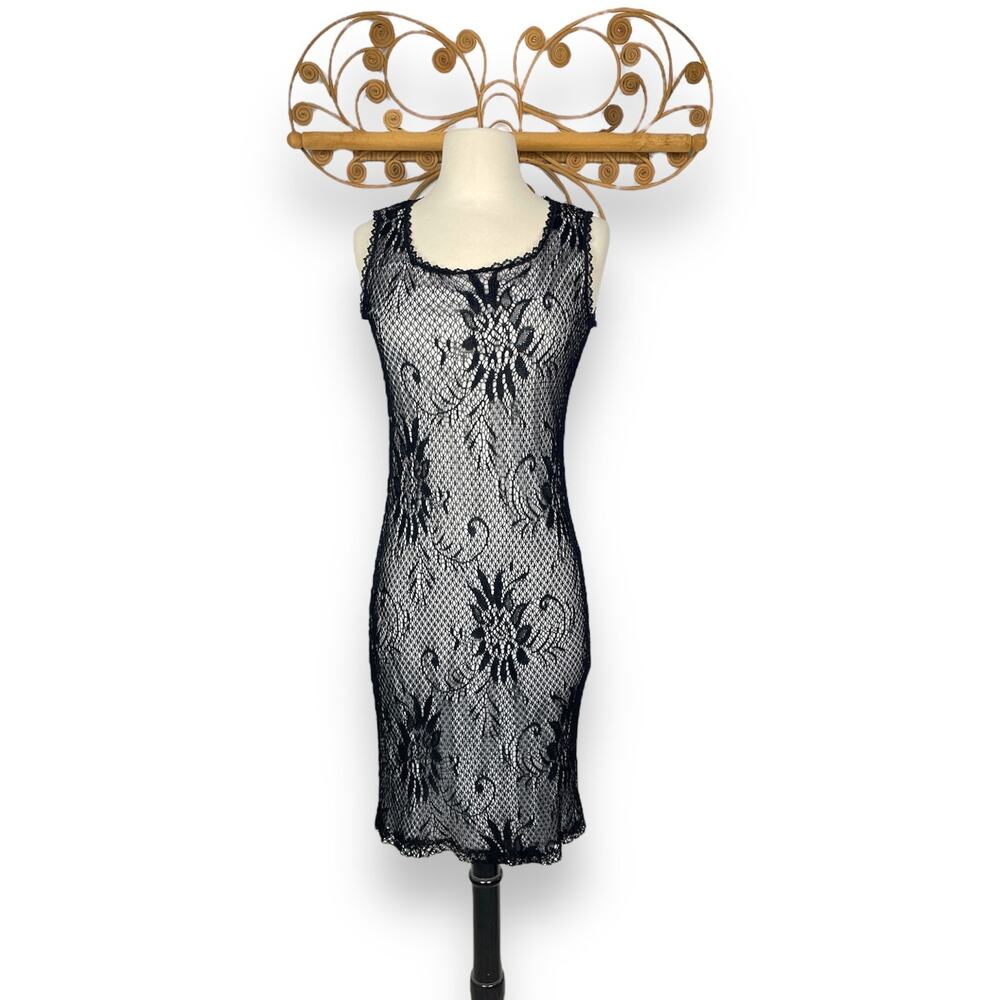 Vintage Ms Cosmo Black Lace Overlay Mini slip Dress Medium Sleeveless Sheath M